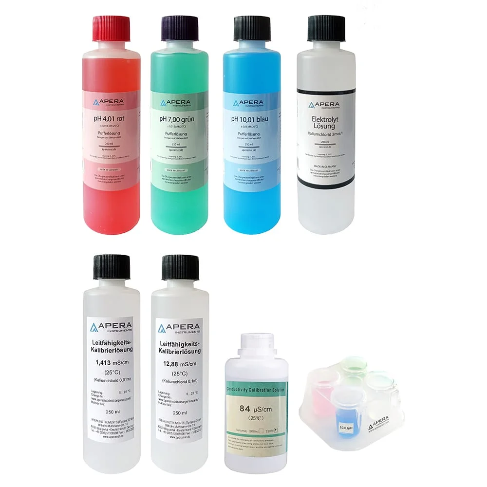 Calibration Solution Set pH 4.01 / 7.00 / 10.01 + 84 μS / 1413 μS / 12.88 mS + 3M KCl incl. Calbox